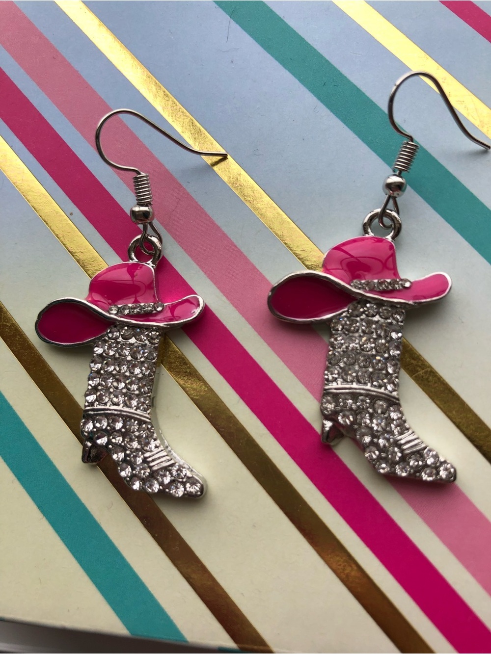Pink Cowboy Boot Crystal Dangle Earrings - Picture 3 of 3